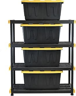 CX Black & Yellow®, Shelving Unit and Heavy Duty Storage Containers, Extremely Durable® (Shelf + 27 Gallon Container (4-Pack))