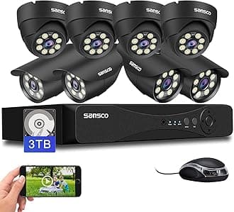 SANSCO 8 Channel 5MP CCTV DVR Camera System + 3TB Hard Drive,(8) 3K Bullet Dome Cameras (Wall/Ceiling Mounted IP66 Vandalproof, Mobile Viewing with Motion Activated Push Alert/Email, 24/7 Recording)
