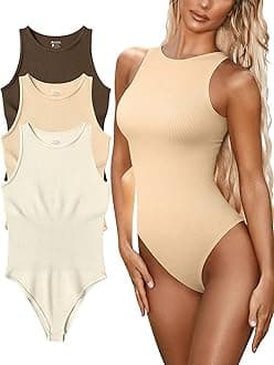 FUNNYBSGFUNNYBSG Womenâ€™s Sexy Ribbed Bodysuit Tops - 3 Piece Sleeveless Halter Neck Bodysuits with Tummy Control (Color : Coffee Milktea Beige, Size : M)