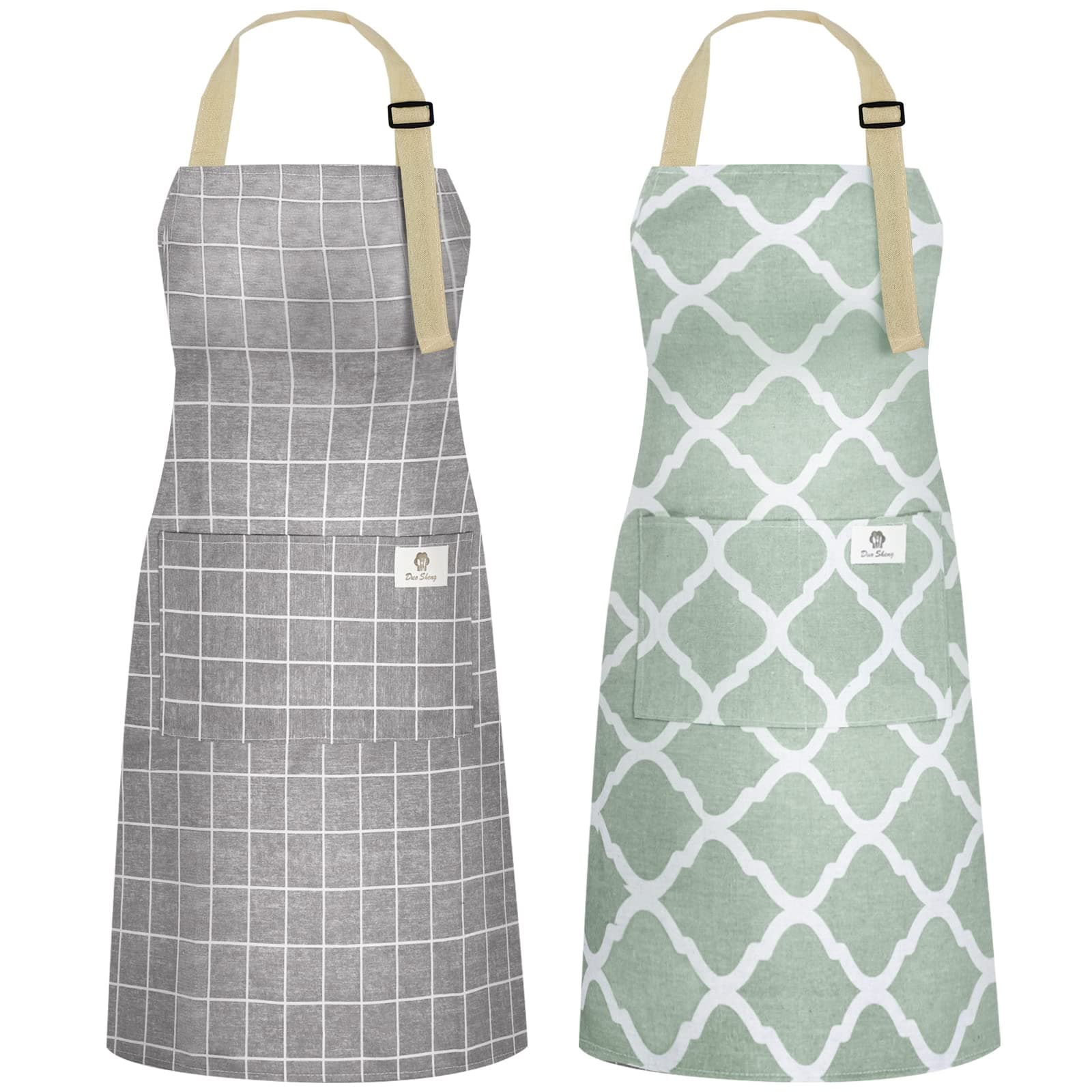 NLUS 2 Pack Kitchen Cooking Aprons, Adjustable Bib Waterproof Chef Apron with 2 Pockets for Men Women(Green Plaid/Grey Plaid)