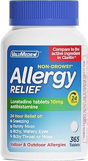 ValuMeds Loratadine 10mg Non-Drowsy 24-Hour Allergy Relief Indoor & Outdoor | All-Day Antihistamine Alergy/Sinus Pills for Runny Nose, Sneezing, Itchy, Watery Eyes | Compare to Claritin | 365 Tablets