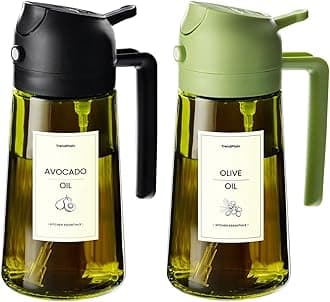 TrendPlain 470ml Olive Oil Spray Bottle - 2 in 1 Olive Oil Dispenser Bottle for Kitchen Accessories - Kitchen Gadgets, For Air Fryer - with Stickers, Light Blocking - Black & Green