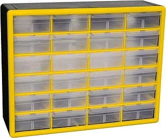 – Akro-Mils 10124 24-Drawer Plastic Drawer Storage Cabinet for Garage Organization, Lego Storage, Teacher Toolbox, Makeup Organizer, and More, 50.8 cm W x 15.24 cm D x 40.64 cm H, Yellow