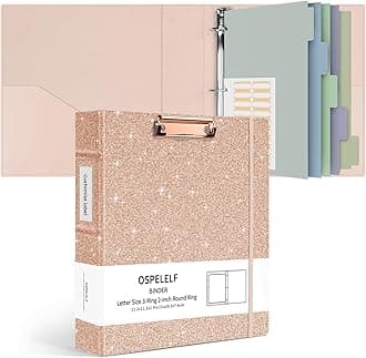 Ospelelf 3 Ring Binder with Clipboard, 2 Inch Leather, Letter Size (8.5" x 11") Dividers with 5 Tabs, Rose Gold
