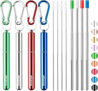 4 Pack Reusable Metal Straws Collapsible Stainless Steel Drinking Straw Portable Telescopic Straw with Case（Silver & blue & rainbow & green）