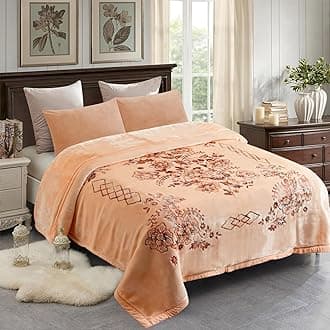 JML Korean Style Mink Blanket Heavy King Size 87" x 94", 10.5 Pounds Plush Raschel Fleece Blanket for Winter- Soft, Warm, 2 Ply, A&B Printed, Embossed (Flowers Branches Beige)