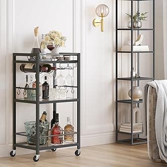 TUTOTAK Bar Cart, Home Bar Serving Cart with 3-Tier Mirrored Shelf, Drink Cart, Mobile Kitchen Shelf with Wine Rack, Rolling Beverage Cart, Black BC01BK033
