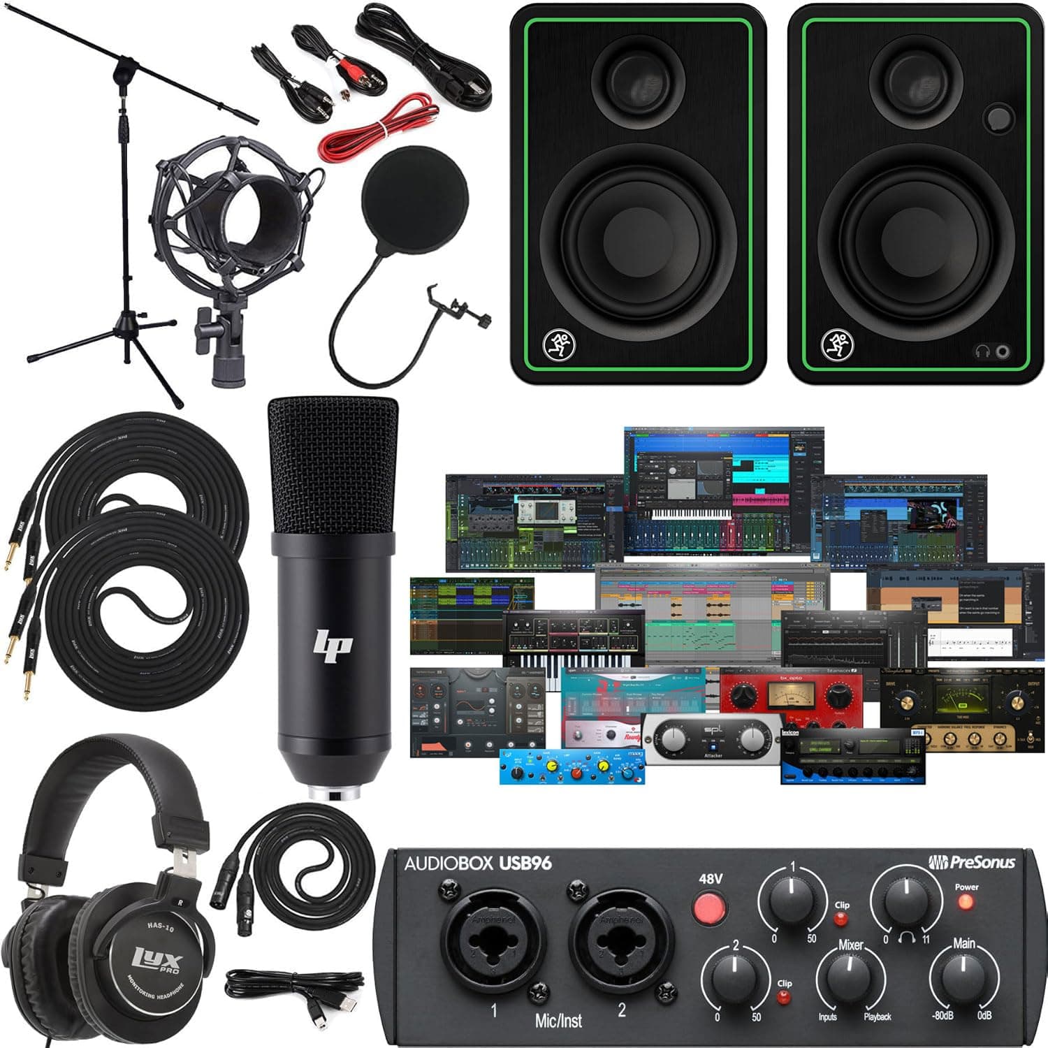 PreSonus AudioBox 96 Studio Bundle – USB-C 2-in/2-out Audio/MIDI Interface with 24-bit/96 kHz Conversion + Studio One Artist Software + Mackie CR3-XBT Bluetooth Studio Monitors + Recording Accessories