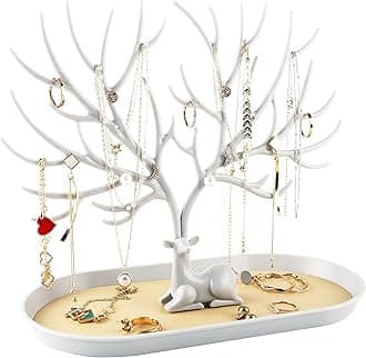 Jewelry Display Stand with Aluminium alloy handle, Tree Tower Rack Hanging Organizer for Ring Earrings Necklace Bracelet, Deer Horn Tree Stand with Storage Drawer and Tray