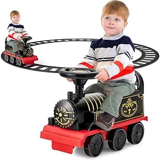 Ride on Toys, 6V Electric Ride on Train with Tracks, Storage Seat, Flashing Lights & Music, Backrest, Anti-tilt Device, Gift for Toddler Boys & Girls, Battery Powered Ride on Car (Black)