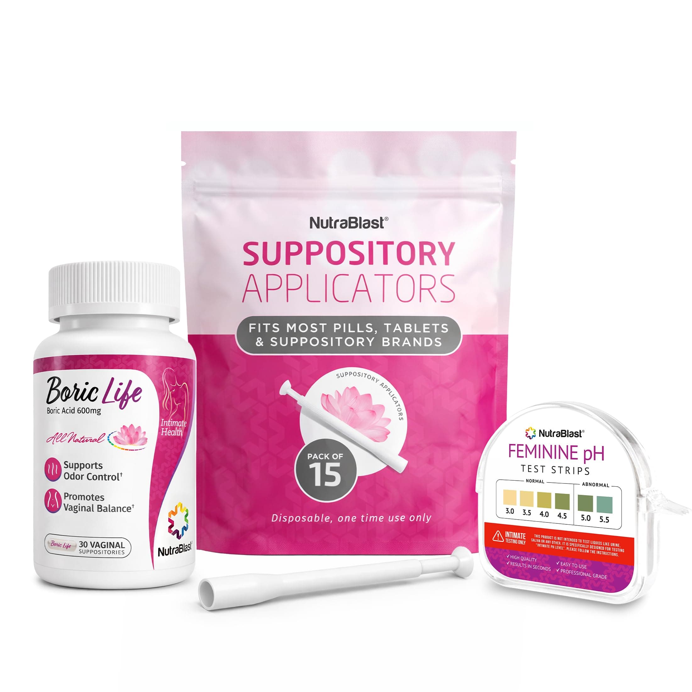 NutraBlast Boric Acid Suppositories 600mg (30 Count) Bundle with Disposable Suppository Applicators (15-Pack) and Feminine pH Test Strips 3.0-5.5 (100 Tests Roll)