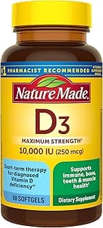 Vitamin D3 10000 IU (250 mcg) Maximum Strength, Vitamin D Supplement for Bone and Immune Health Support, 60 Softgels, 60 Day Supply