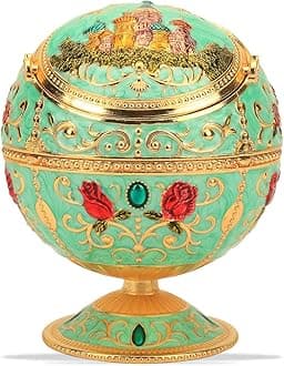 LAUYOO Windproof Ashtray with Lid for Cigarettes Metal Portable Cigar Ashtray Odor Eliminator for Indoor outdoor Hand Stamped Rose Pattern with Sparkle Fancy Gift for Men Women(Jade-green)