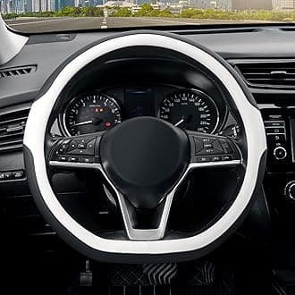 SEG Direct Flat Bottom Steering Wheel Cover, D Shaped Car Wheel Cover 14 1/2-15 in. (37-39 cm), Black White Microfiber Leather