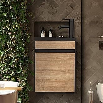 UEV 16" Small Bathroom Vanity, Black & Natural Mixed with Ceramic Sink, Frosted Black Faucet P-Trap (Wall Mounted)