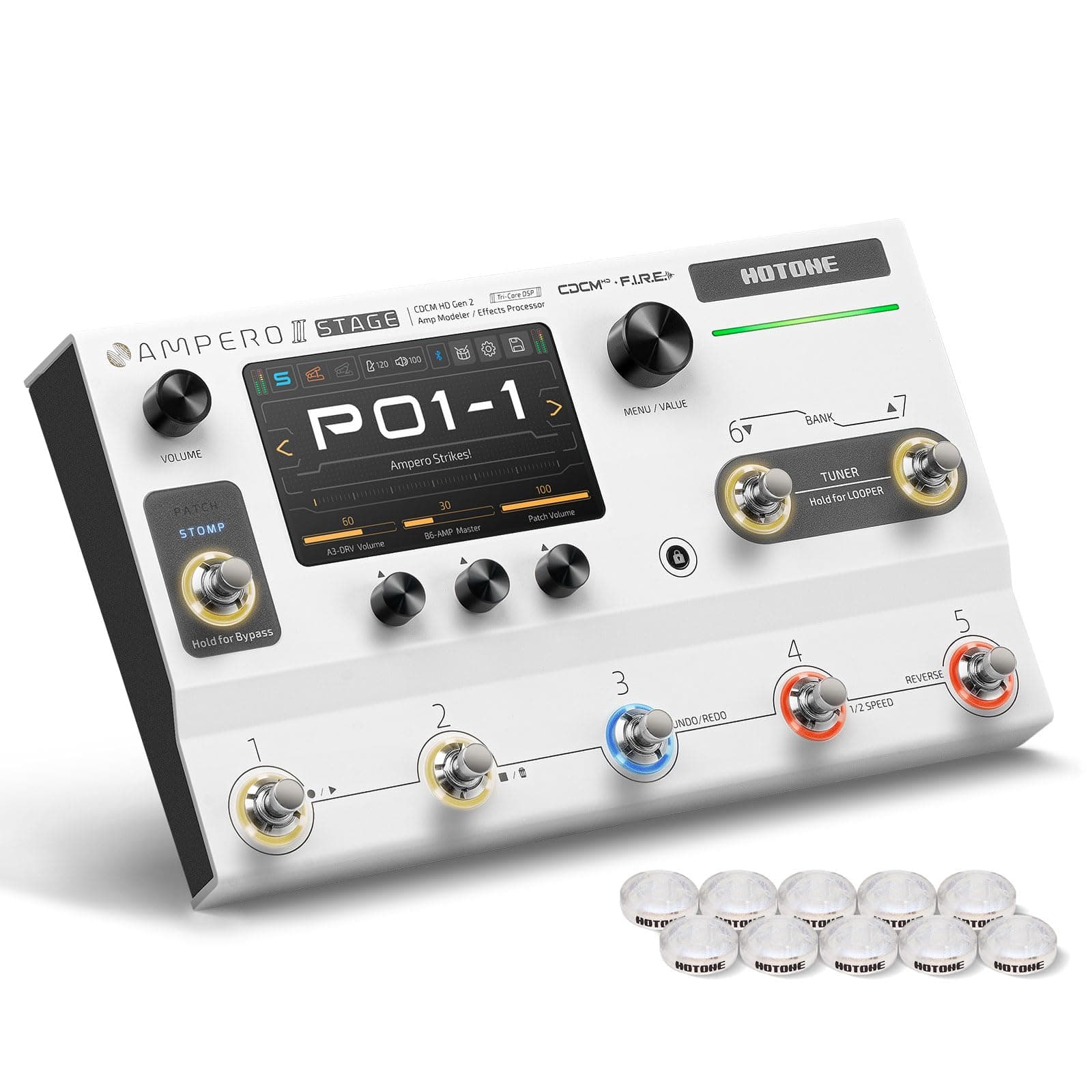 HOTONE Multi-Effects Pedal Dual Effect Chains with FX Loop MIDI I/O Stereo OTG USB Audio Interface Touch Screen Ampero II Stage(Include 10 PCS Additional Footswitch Toppers By VOLKTONE)