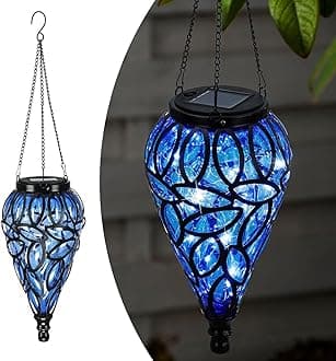 Taylor & Brown Solar Hanging Lantern - Decorative Handblown Plastic Teardrop Hanging Lantern Light with 15 LED Lights for Outdoor, Garden, Patio, Yard, Pathway (Blue)