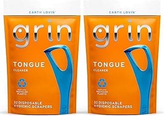GRIN Tongue Cleaner, 32 Count, Disposable Tongue Cleaner, Hygienic Scraper, Recycled Plastic, Clean Tongue, Promote Fresh Breath, Includes Safe Fold- Back Tooth Pick (Pack of 2)