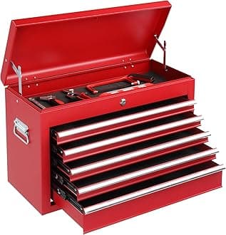 24" Metal Tool Box, Portable 5 Drawers Toolbox with Top Storage Tray, Carry Handle, Ball Bearing Runners, Lockable Tool Chest Cabinet for Garage, Warehouse, Repair Shop & Home, Red