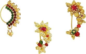 KYOOT JEWELSMedium Size Traditional Maharashtrian Banu Nath Nose ring without piercing Pearl Gold Plated Nath Combo Clip On Nose Ring For Women