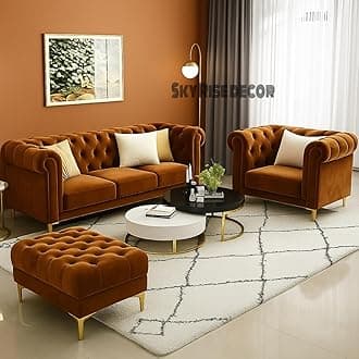 Modern Classic Sofa Couch Fabric & Valvet 3+1+1Footrest Tufted Chesterfield Sofa Living Room and Office (Teraquata)