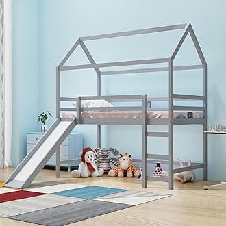 Twin Size Loft Bed with Slide, Wood House Loft Bed with Built-in Ladder and Safety Guardrail, Space Saving House Bed with 3 Extra Slats Support for Teens, Boys, Girls, No Box Spring Needed, Gray