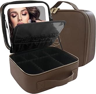 MOMIRA Makeup Box with Mirror, Cosmetics Storage Box, Cosmetics Box, Makeup Case, With Adjustable Dividers, 3 Color Adjustable LED Lights, Makeup Brush Case, Handheld, Large Capacity, Freestanding,