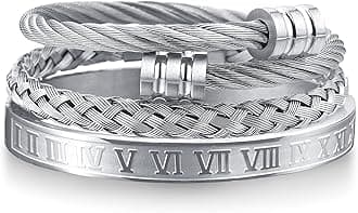 3PCS Stainless Steel Bracelets for Men Gold Roman Numeral Bangle Bracelet Twisted Cable Bracelet Adjustable Cuff Bracelet Mens Luxury Jewelry Bracelets Gifts