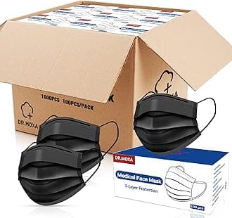 DR.MOXA 1000Pcs Black Disposable Medical Face Mask (10 Boxes, 100pcs/Box) 3-Ply Protection Face Mask for Adults