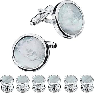 HAWSON HAWSON Mother of Pearl Man Tuxedo Shirt Studs and Cufflinks Set for Wedding Business (Silver Tone- MOP)