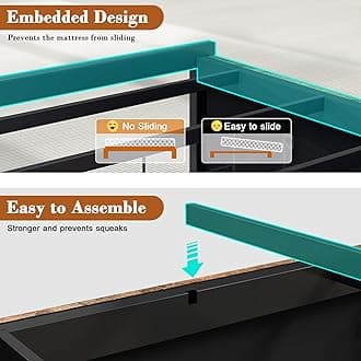 Doltoro Corner Bed Frame with Storage Bookcase and LED Lights Twin Platform Bed Frame with Upholstered Headboard and Charging Station, Twin Daybed with 2 Storage Drawers, Rustic Brown & Gray