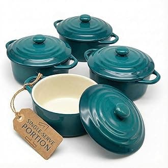 Kook Ceramic Mini Cocotte Set, Small Casserole Dishes with Lids and Handles, Individual Baking Ramekins, Oven, Microwave & Dishwasher Safe, Stoneware, 12 oz, Set of 4, (Aqua Ombre)