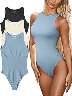FUNNYBSG Womenâ€™s Sexy Ribbed Bodysuit Tops - 3 Piece Sleeveless Halter Neck Bodysuits with Tummy Control (Color : Black Beige Blue, Size : L)