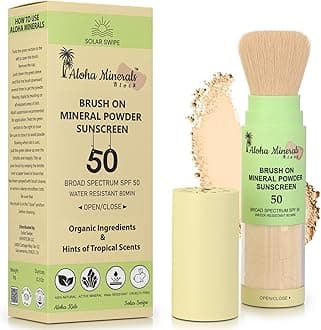 Aloha Minerals Block Brush-On Mineral Powder Sunscreen For Face, SPF 50, Water Resistant, Broad Spectrum, Natural Mineral Blend, Oil Abrosbent, Tropical Scent, Carrot Seed Extract, 0.21oz