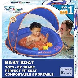 (Blue Fabric Baby Boat W/Toys and Canopy) - SwimSchool Blue Sunshade Baby Float W/Canopy & Toys