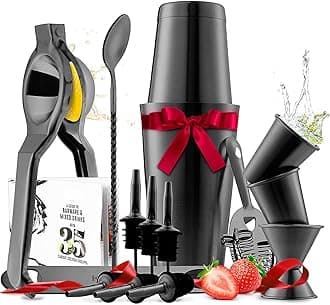 Bar Set Cocktail Shaker Set, Stainless Steel Mixology Bartender Kit, 16 Piece Cocktail Kit, Black Cocktail Set, Bar Tools: 30oz Martini Shaker, Muddler, Bar Kit Cocktail Book, Jigger and Pourers