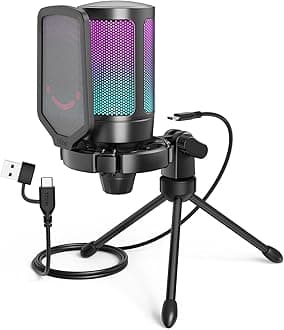 FIFINE A6V USB Gaming Condenser Microphone with RGB, Quick Mute, Pop Filter, Shock Mount & Gain Control – Ideal for PC, PS5, Streaming, Discord, Twitch, Podcasts & Videos|Black