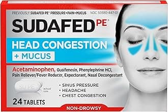 PE Head Congestion + Mucus Relief Tablets for Sinus Pressure, Congestion, & Headache, Non-Drowsy Decongestant with Acetaminophen, Guaifenesin & Phenylephrine HCI, 24 ct
