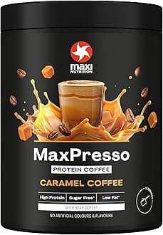 MaxPresso Caramel, Protein Coffee, Whey Protein Powder, 21 g Protein per Serving, Sugar-Free & Low-Fat, Mix Warm or Cold