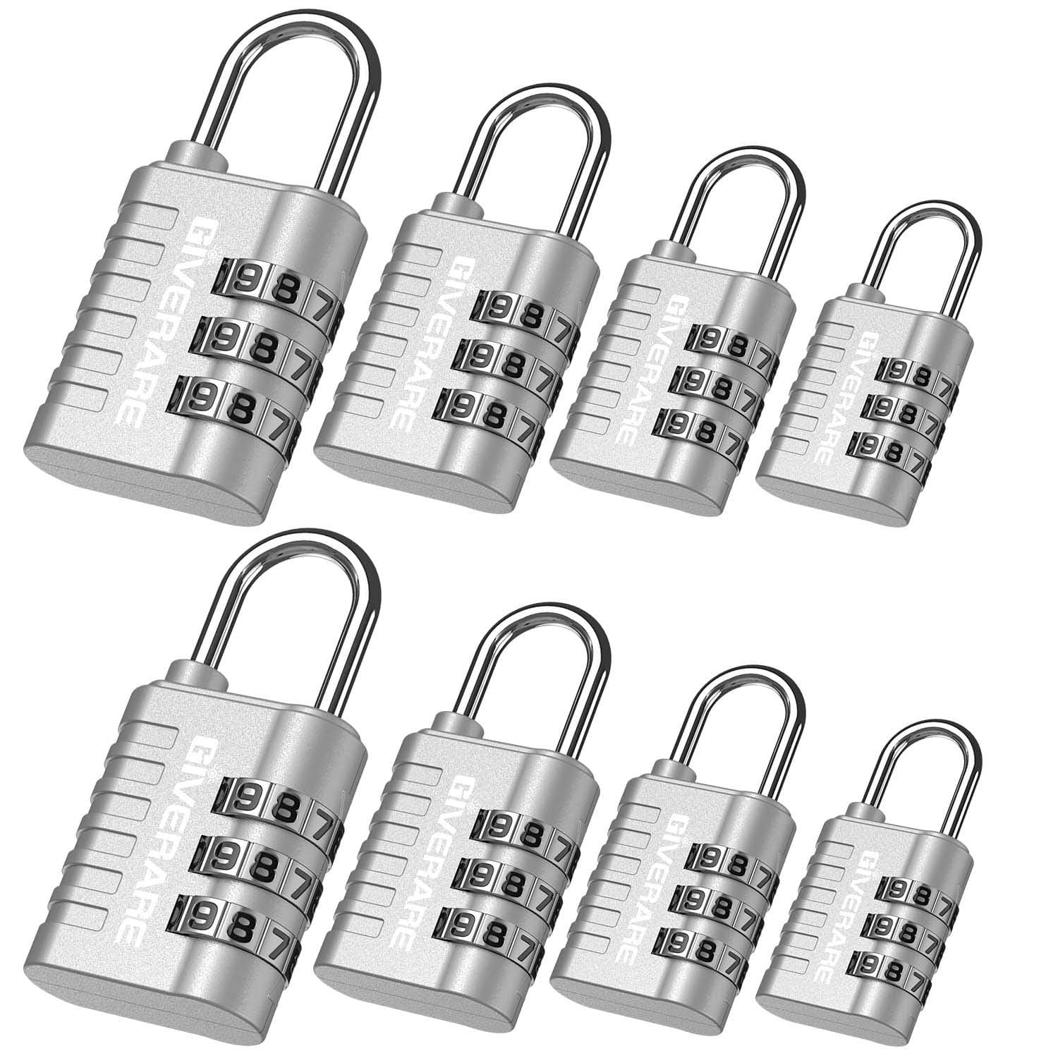 GIVERARE 8 Pack Combination Lock, 3-Digit Padlock Keyless, Resettable Luggage Locks for Backpack, Gym & School & Employee Locker, Weatherproof Travel Lock for Fence, Backyard Gate, Hasp, Case-Silver
