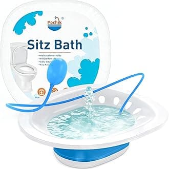Pochik Sitz Bath for Toilet Seat Hemorrhoids and Postpartum Care, Yoni Steam Seat, Perineal Soaking, Collapsible, Flusher Hose, Drain Holes, Wider Seating Area - Blue