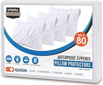 Utopia Bedding 80 Pack Waterproof Pillow Protectors with Zipper Queen Size (White), Bed Bug and Dust Mite Proof Pillow case Covers, Moisture Wicking Pillow Encasements 20 x 28 Inches