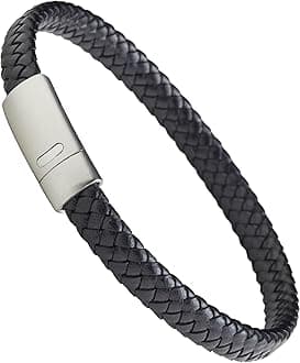 LUXAR Men’s Genuine Leather Bracelet | Interwoven Black Leather Bracelets with Brushed Stainless Steel Clasp | Minimalist, Designer Jewelry for Men (Silver, X-Large)