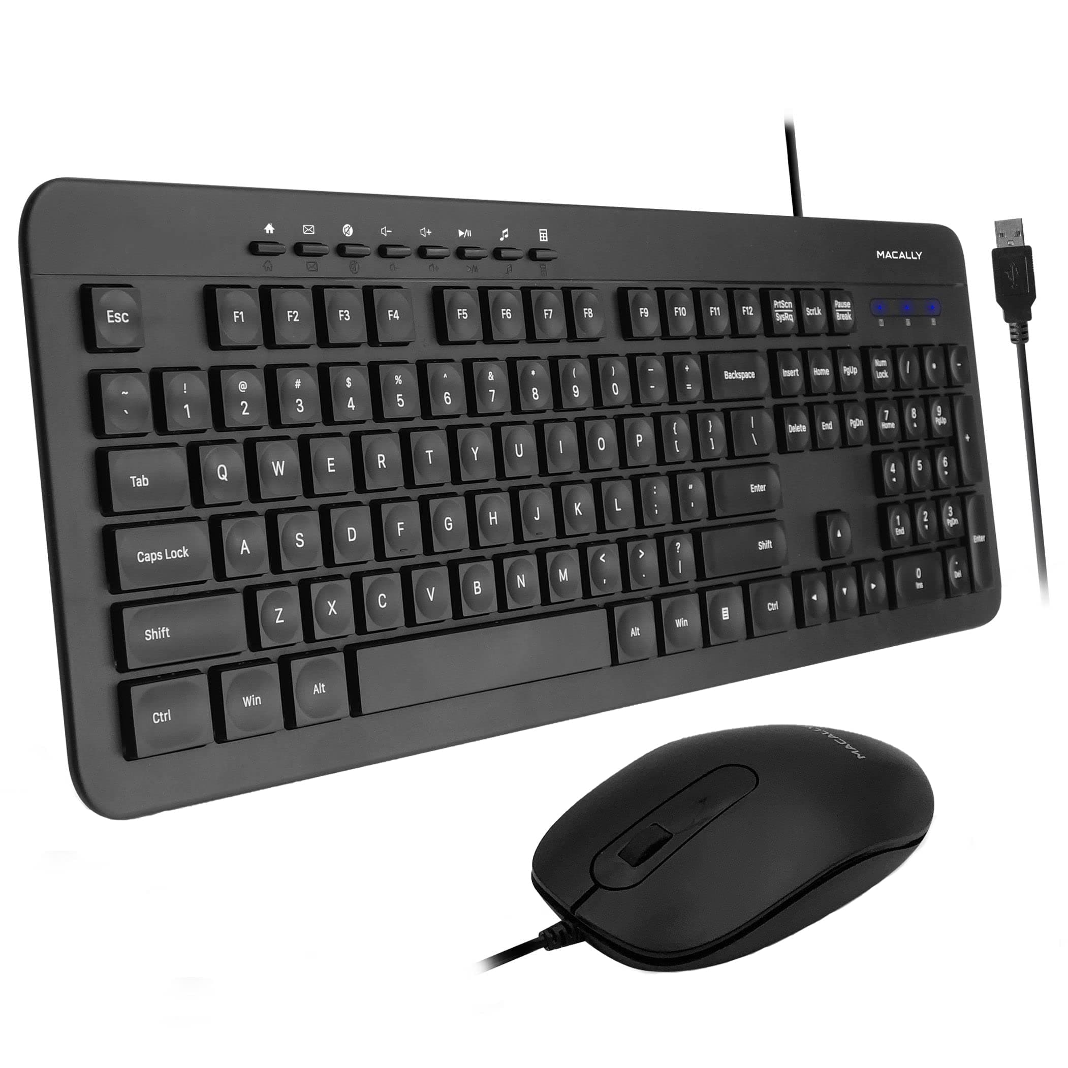 Wired Keyboard and Mouse Combo, Macally Slim Full Sized Ergonomic USB Keyboard and Mouse Wired - Quiet Wired Mouse and Keyboard - Wire Corded Keyboard for Laptop and Desktop PC Computer