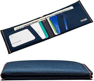 SlimFold Minimalist RFID Wallet - Thin, Durable, and Waterproof Guaranteed - Made in USA - MICRO Size Navy with Orange Stitching