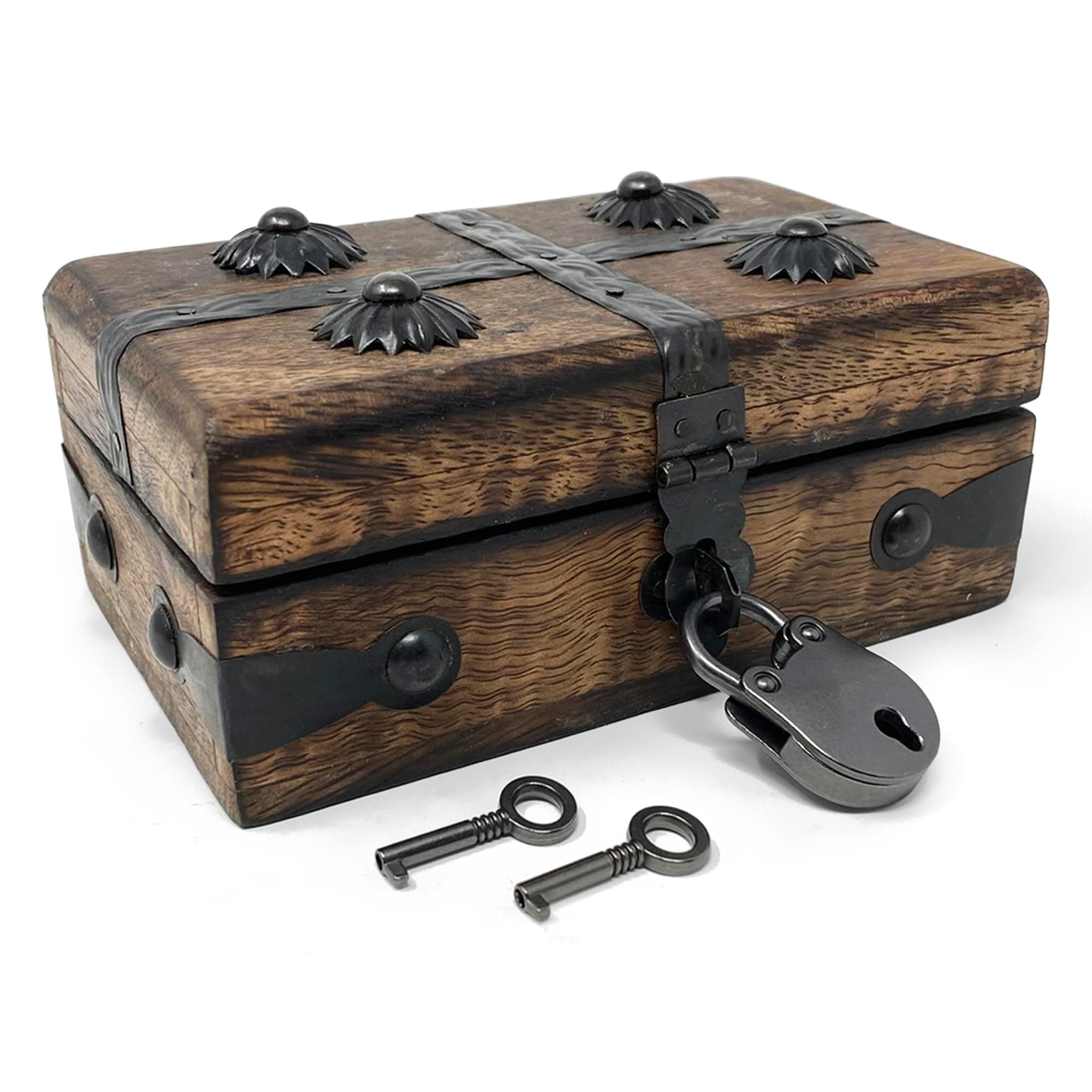 Nautical Cove Treasure Chest Wooden Box with Antique Iron Lock and Skeleton Key (X-Small 5 x 3 x 2) - Storage and Decor – Pirate Wooden Treasure Chest, Decorative Box with Hinged Lid,