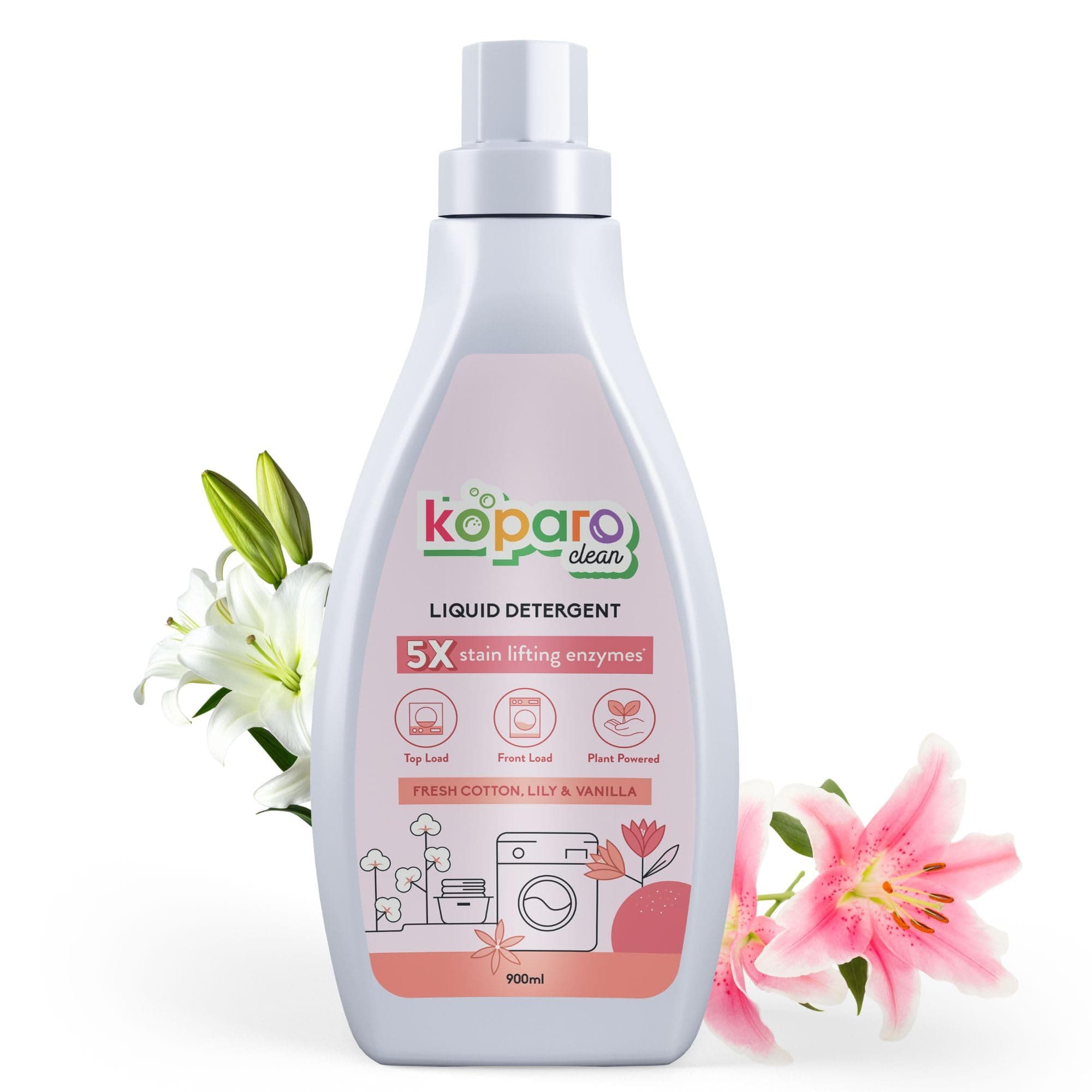 Koparo Liquid Detergent | 900Ml | Top Load & Front Load Washing Machine Liquid Detergent | Organic Bio-Enzymes Laundry Detergent | Tough on Stains, Safe for Kids & Sensitive Skin | Lily & Vanilla
