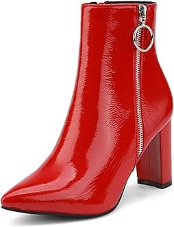 DREAM PAIRS Women's Chunky Heel Ankle Booties Pointed Toe Short Boots, Red/Pat-3, 6.5