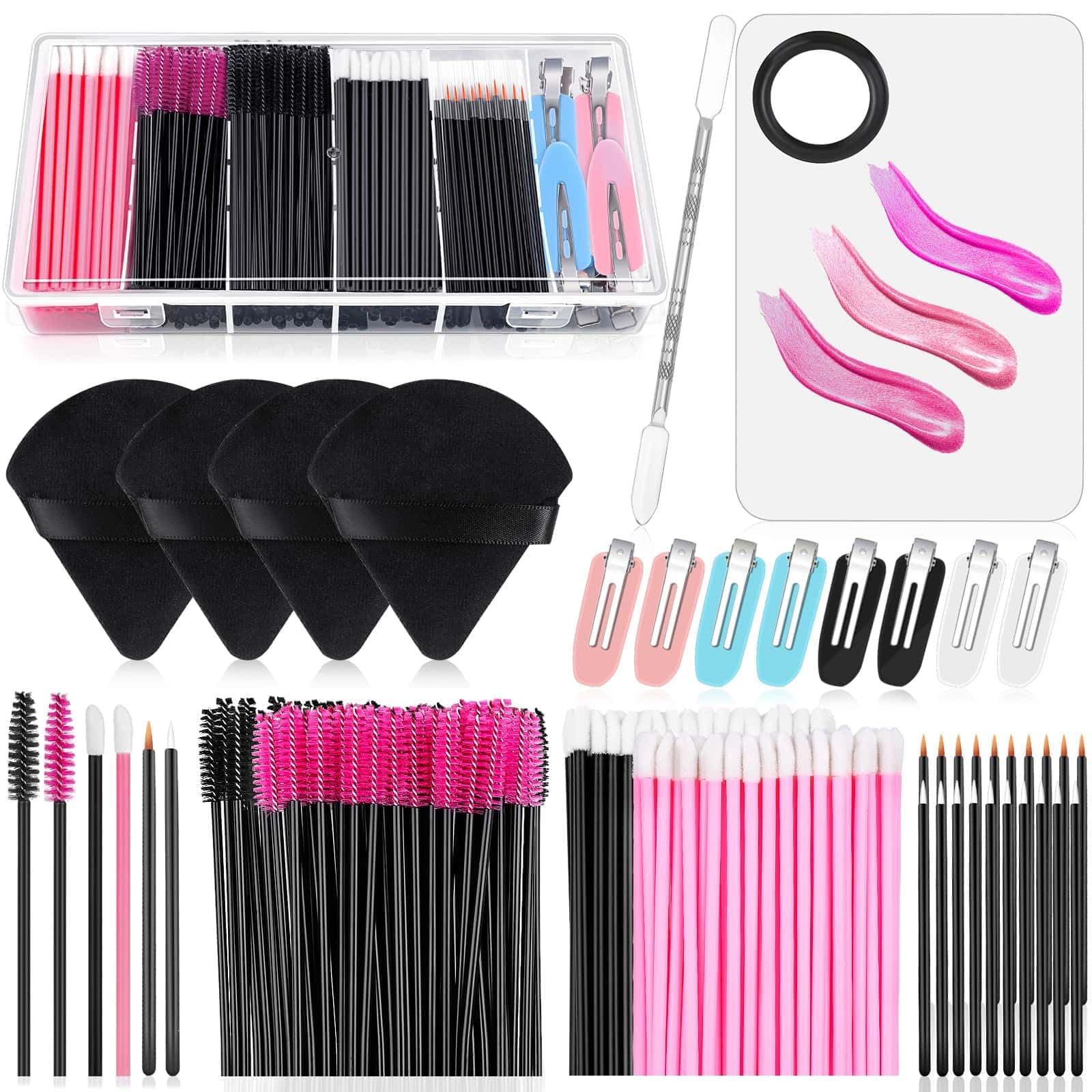 Audab Disposable Makeup Applicators Kit with Triangle Puff Mixing Palette, Artist Supplies Disposable Mascara Wands, Lip Brushes, Hair Clips Powder Puffs for Face with Storage Box