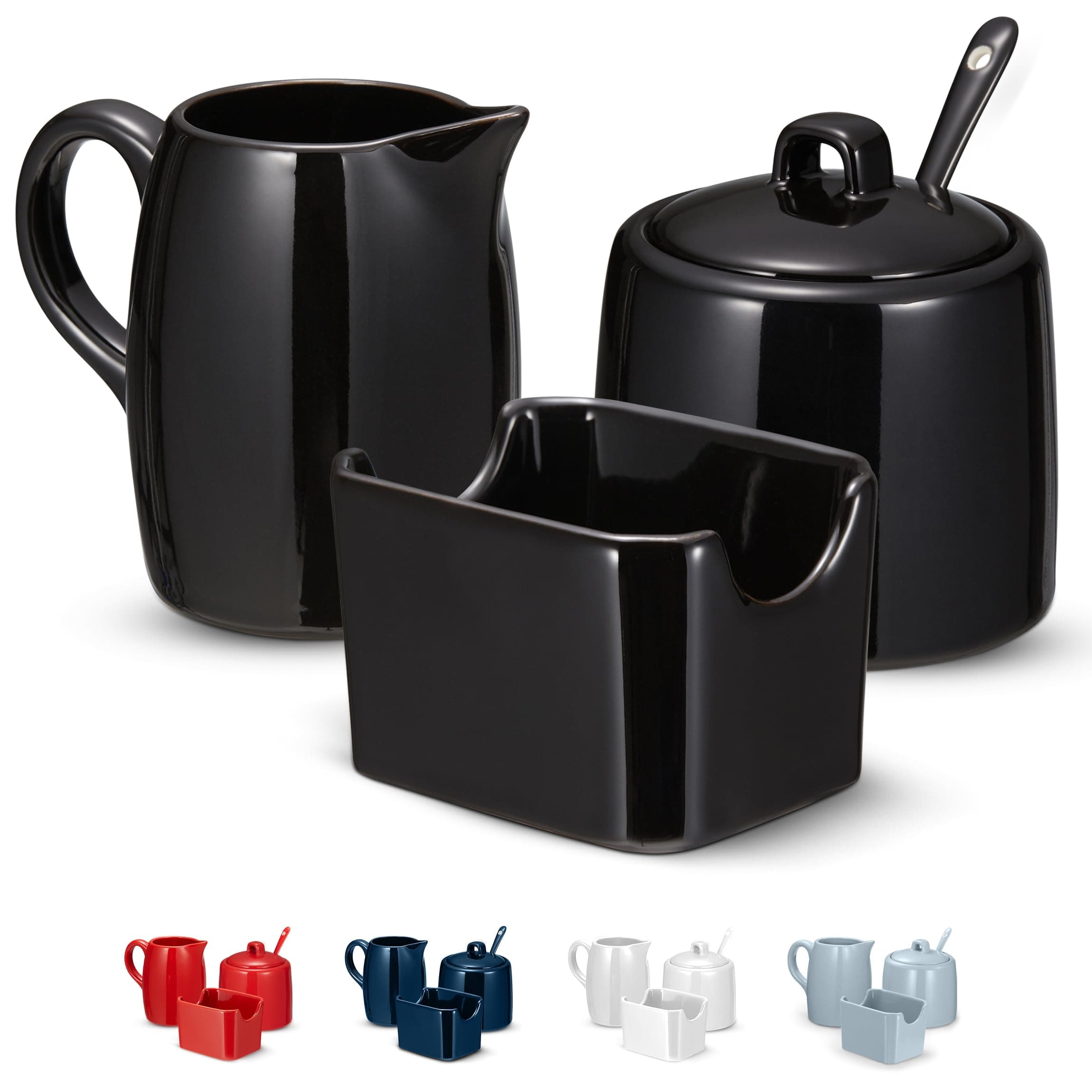 KooK Sugar and Creamer Set, 3 Piece, Pitcher, Sugar Bowl with Lid and Spoon, Sweetener Holder (Black)
